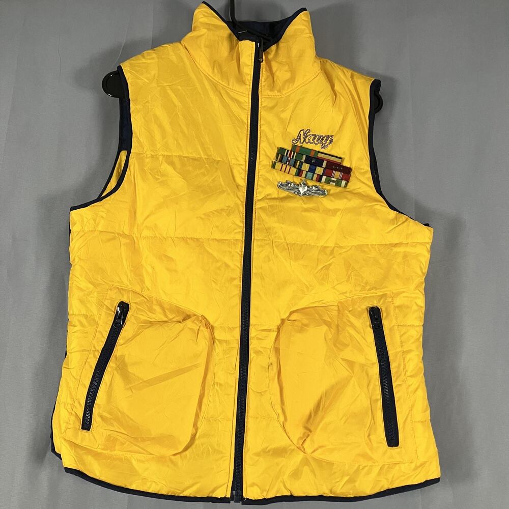 Columbia US Navy Reversible Vest Mens Small Yellow Navy‎ Blue Puffer Insulated